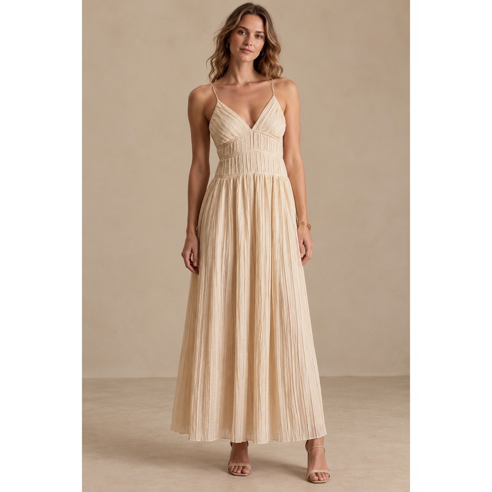 Banana Republic Women Beige Pleated Maxi Dress V-Neck Spaghetti Strap Size 6